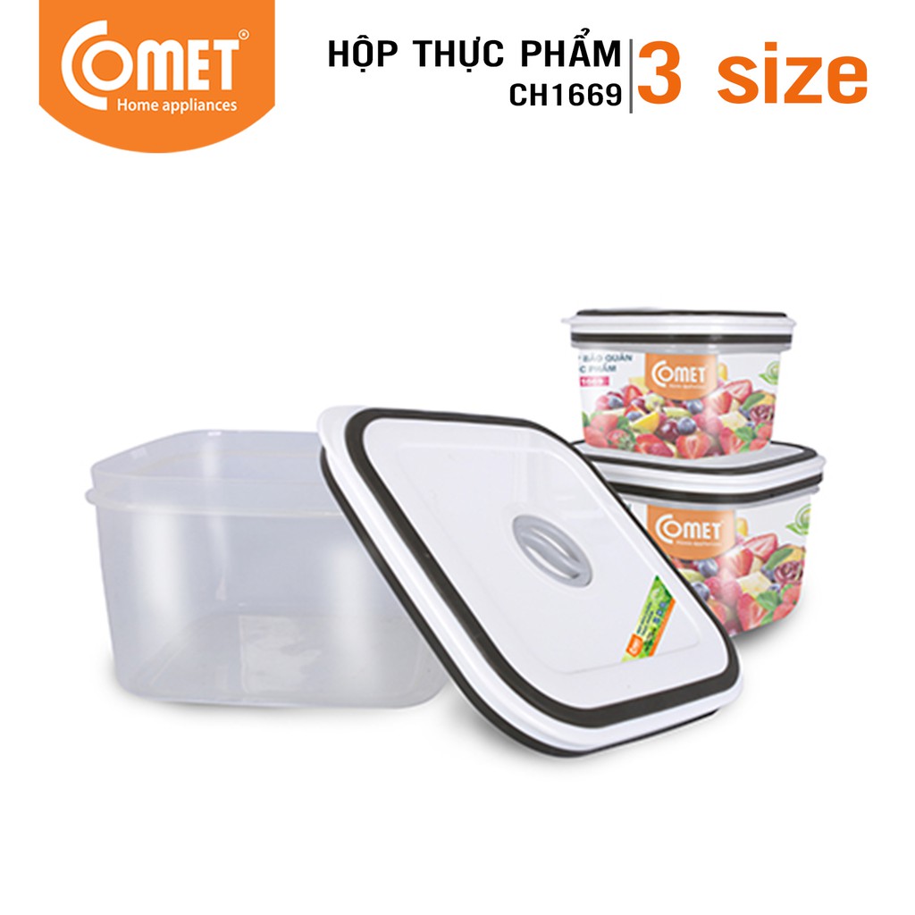 [Mã HLCOMET04 giảm 10% tối đa 50K đơn 100K] Bộ hộp nhựa đựng thực phẩm COMET Bộ 3 hộp vuông CH16-69